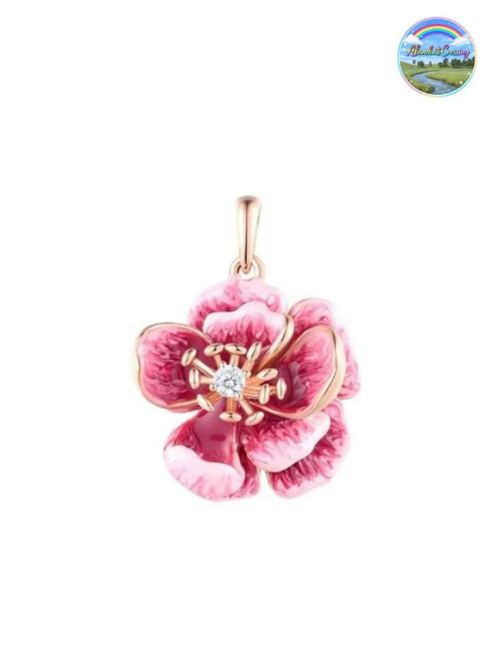 925 Sterling Silver Handmade Enamel Peony Flower Pendant with Cubic Zirconia